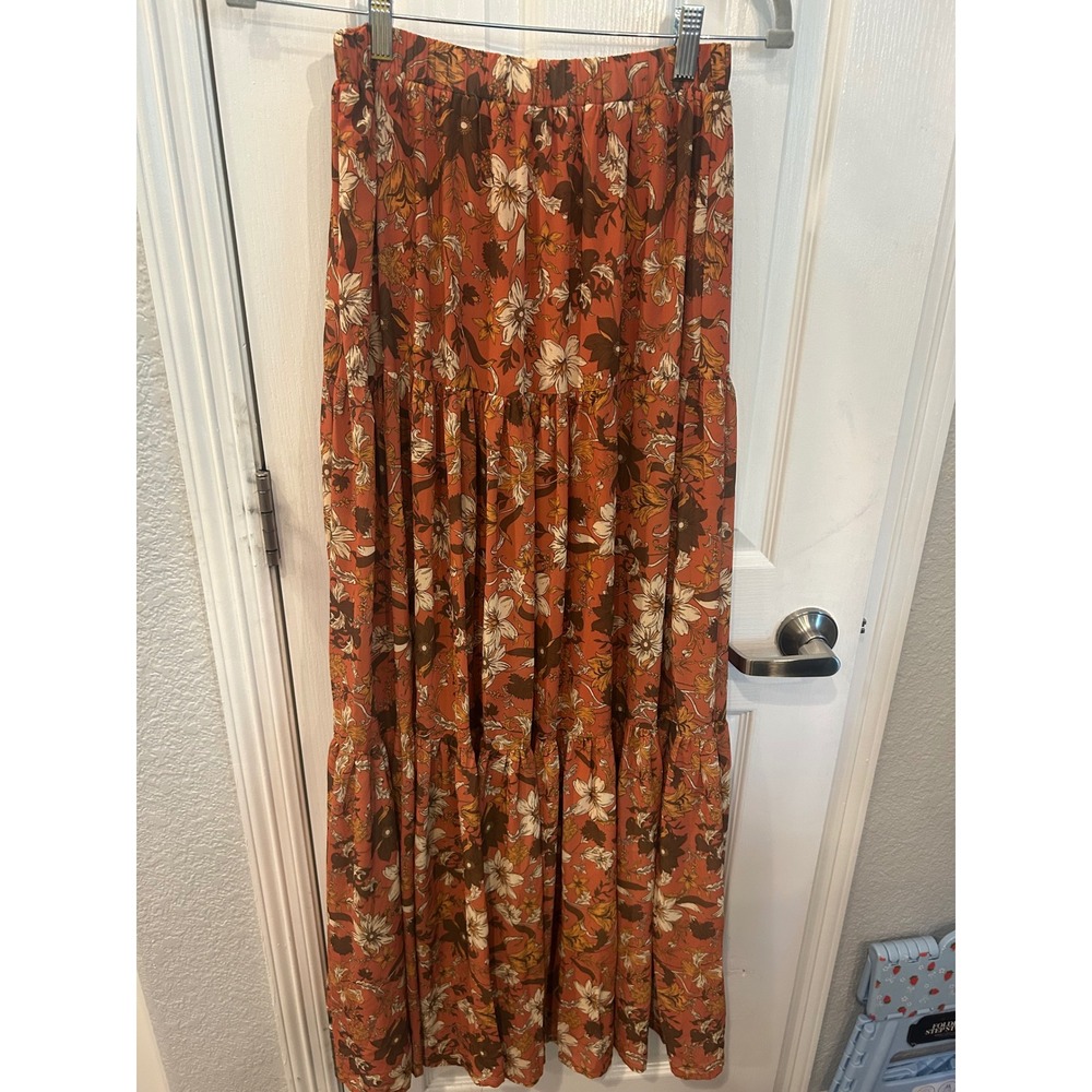 Lovecolette Maxi Skirt Orange Floral Tiered Boho Elastic Waist Long Skirt